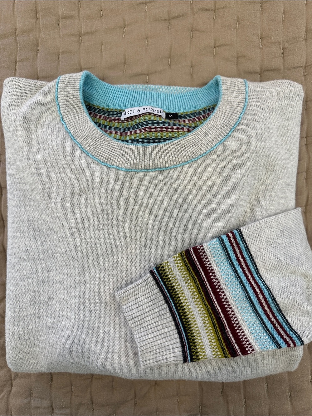 Zaket & Plover Gray Cashmere Cotton Striped Sleeve Check Back Boxy Sweater Sz M